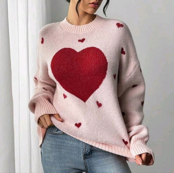 Heart Pattern Casual Crew Neck Sweater, Autumn/Winter - Picture 4 of 4